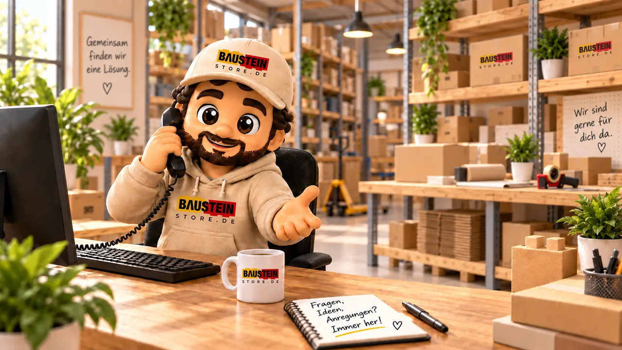 Steini am Telefon im Baustein Store Kundenservice