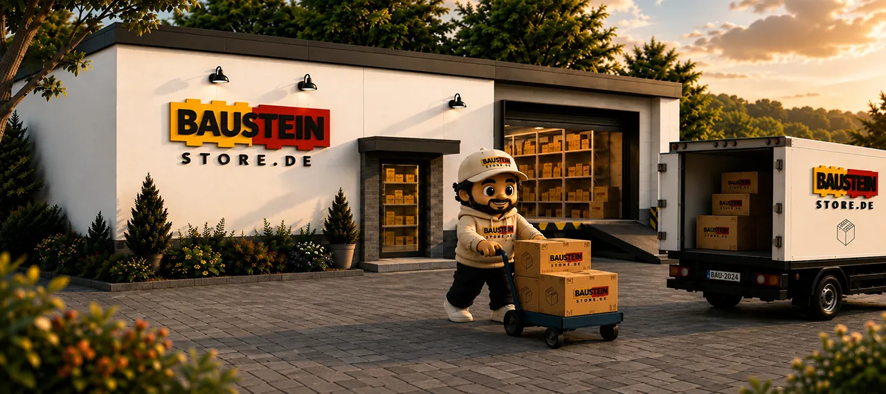 Baustein Store Onlineshop für LEGO Sets mit Lager, Versandfahrzeug und Maskottchen Maze