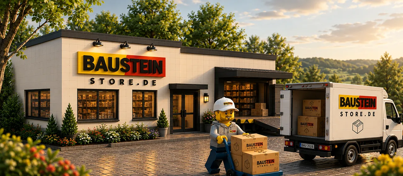 Baustein Store Onlineshop mit Versandlager, Paketen und Lieferfahrzeug