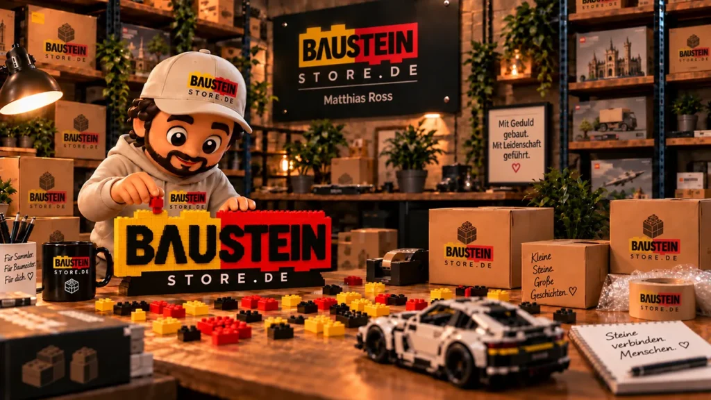 Steini baut das Baustein Store Logo aus Bausteinen im Lager