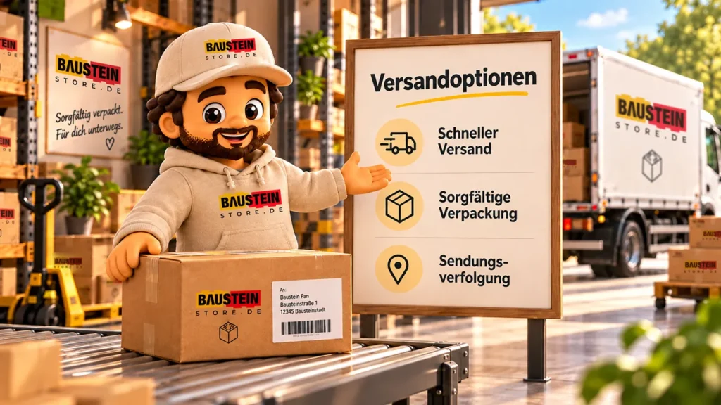 Steini zeigt die Versandoptionen neben einem fertig adressierten Paket im Baustein Store Lager