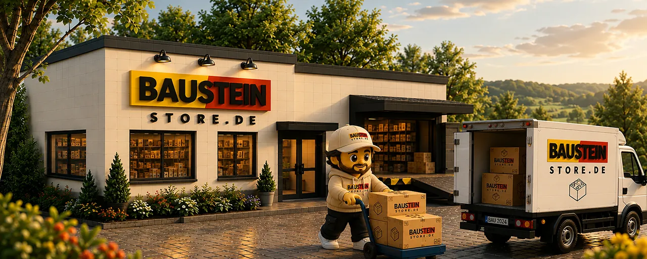 Baustein Store Onlineshop mit Versandlager, Paketen und Lieferfahrzeug