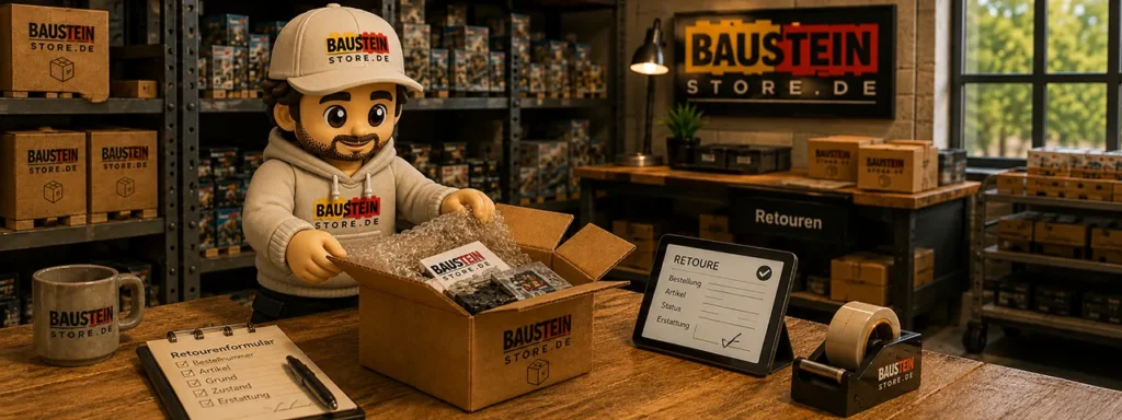 Baustein Store Retourenbereich mit Rücksendepaket, Formular und Tablet